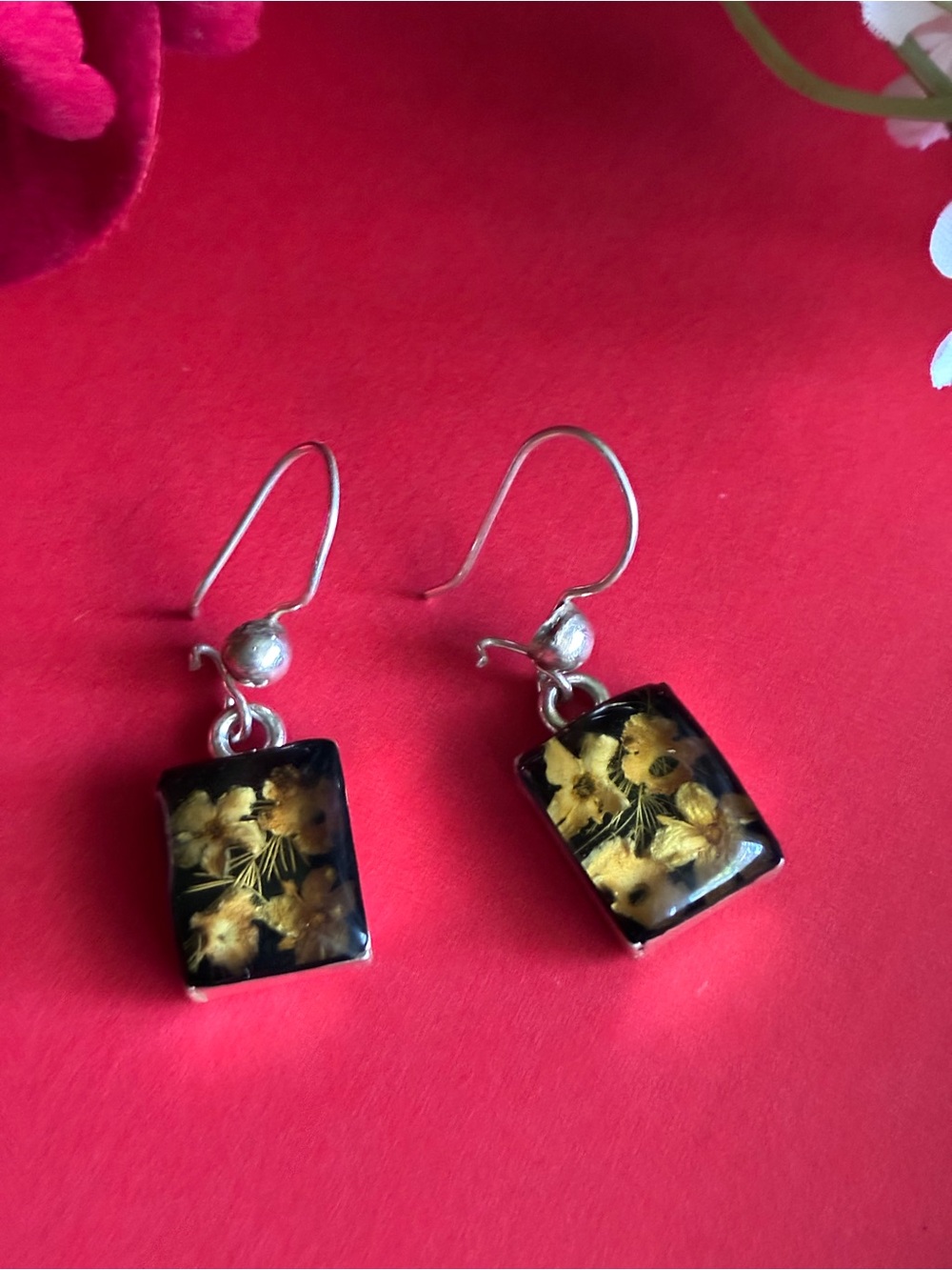 925 Silver Earrings,Black and Gold Floral Rectangular Drop Earrings